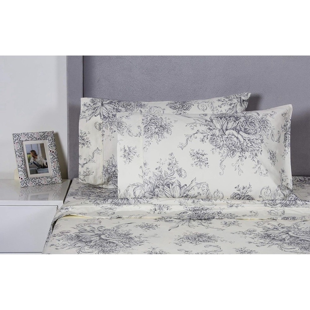 Melange Home 400 Thread Count Floral Gray Toile Queen Sheet Set 100% Cotton New